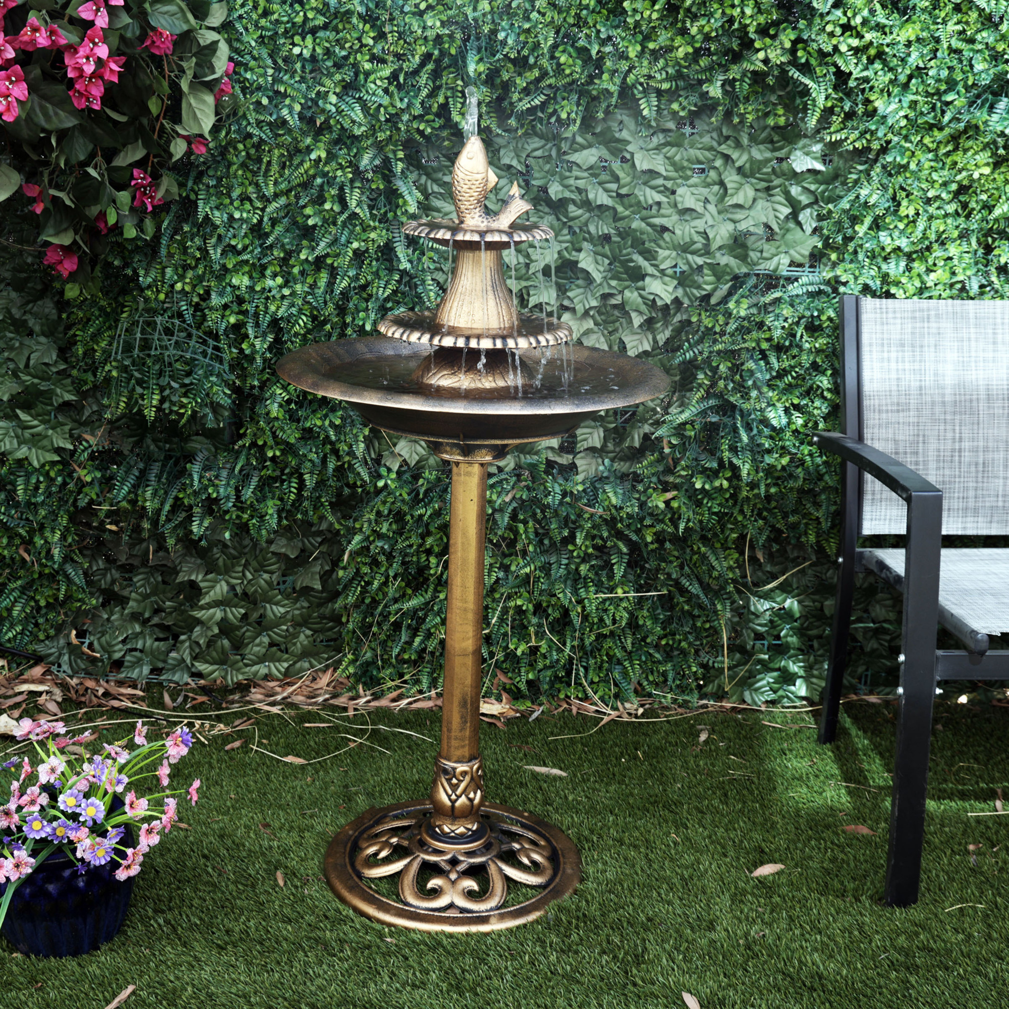 Alpine Corporation 40" Tiered Pedestal Fish Fountain Birdbath, Cascading Outdoor Water Feature for Garden, and Backyard Décor, Gold